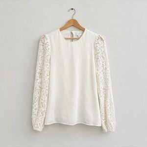 CAMI NYC Silk Long Lace Sleeve Blouse Ivory Small